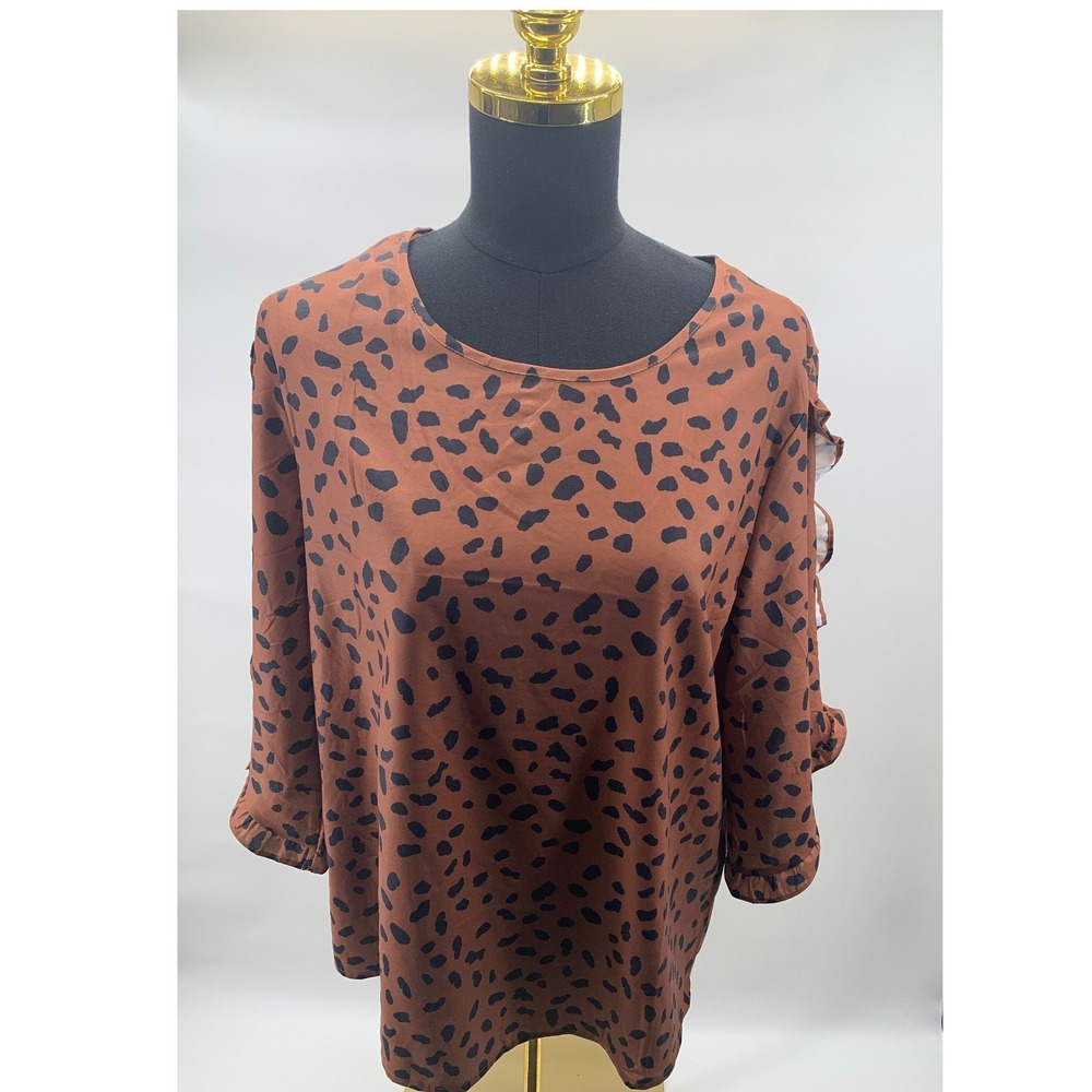 Evaless Womens Rust Brown Leopard Print Ruffle Sleeve Blouse Top NWT Size L